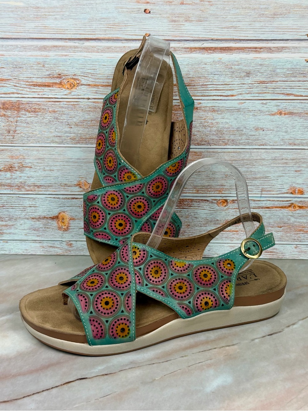 L'Artiste by Spring Step Erice Wedge Slingback Sandals Teal/Pink Leather